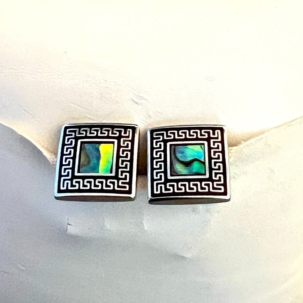 Mother of Pearl Cufflinks in Silver-tone Stainless setting w/ Black Design.